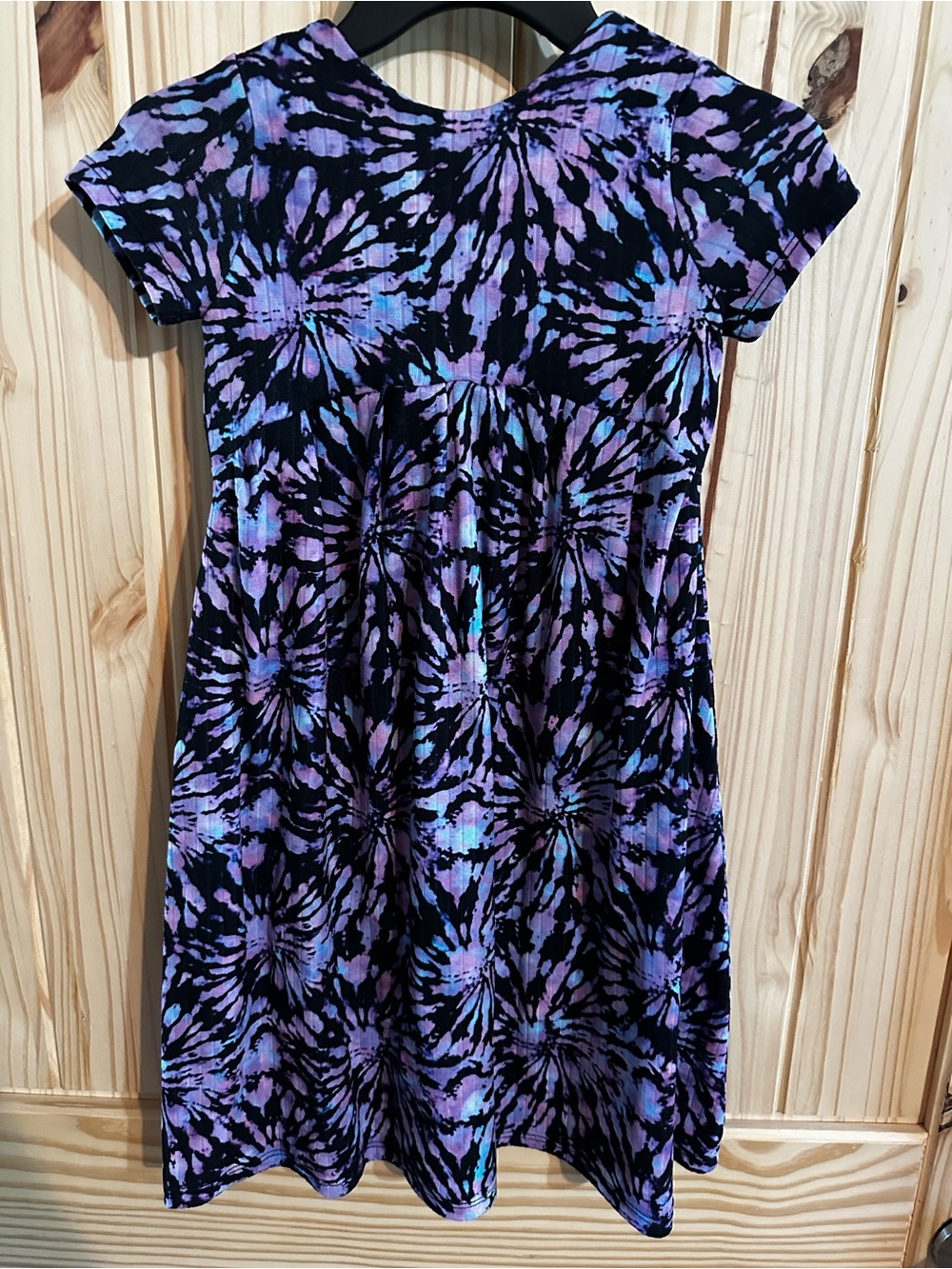 Handmade Black Tie-Dye Short Sleeve Dress with Purple & Aqua Accents